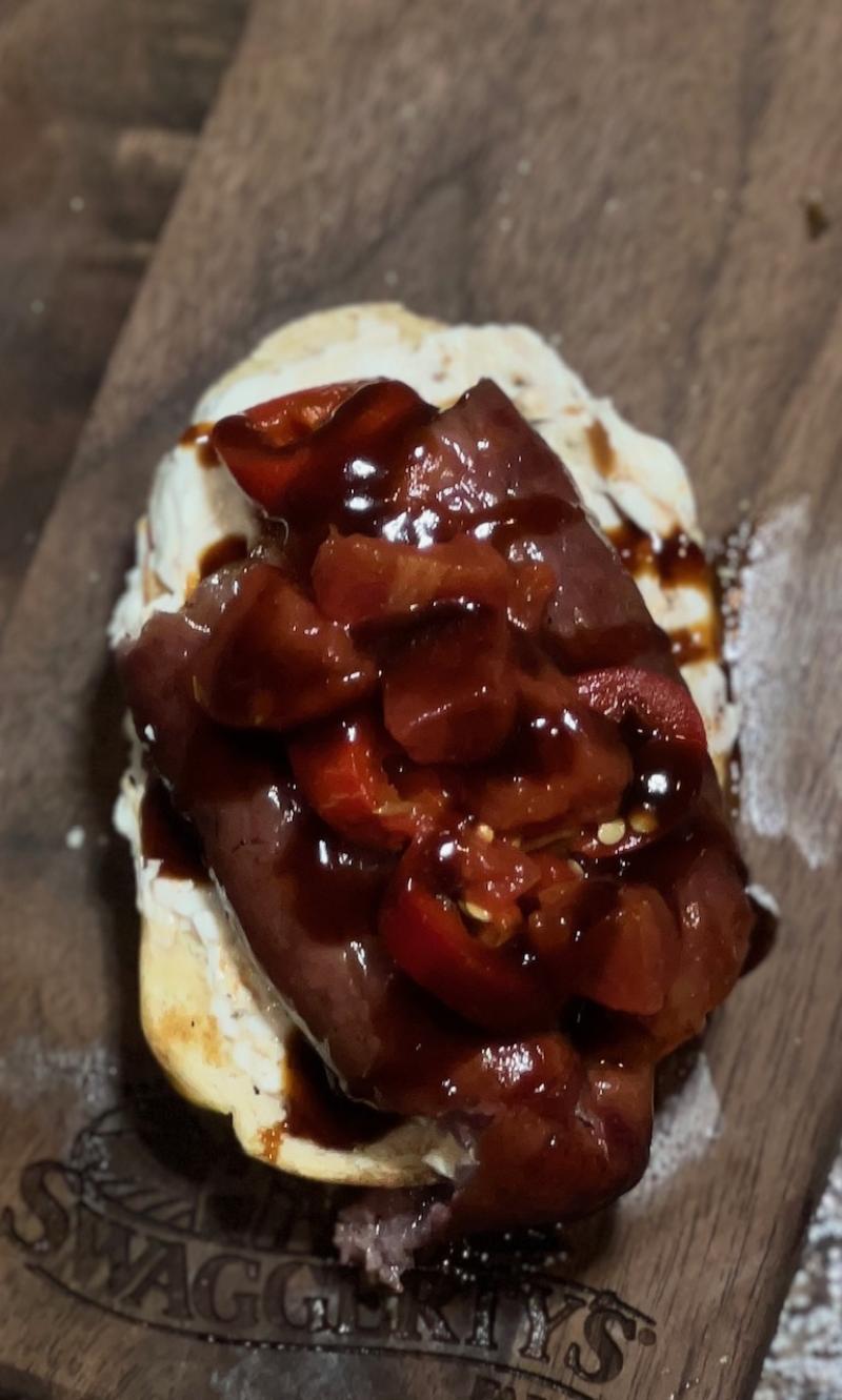 Smoked Brat Tailgate Crostini Stackers